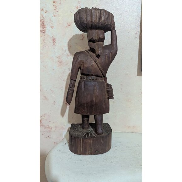 Hand-Carved Wooden Tribal Figure Basket Bearer Folk Art Statue 15" Rustic Decor - Picture 2 of 9